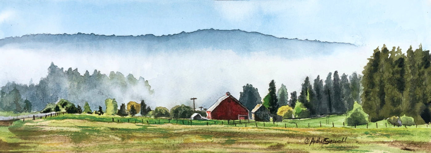 "Red barn Misty Morn" - a 5"x14" Original watercolor or signed edition giclee art print from an original watercolor