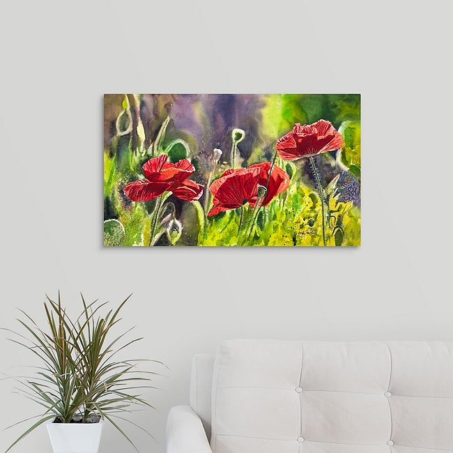 "Red Poppy Trio" - 16"x 27" an Original watercolor or Giclée signed print of red poppies glowing in the sun