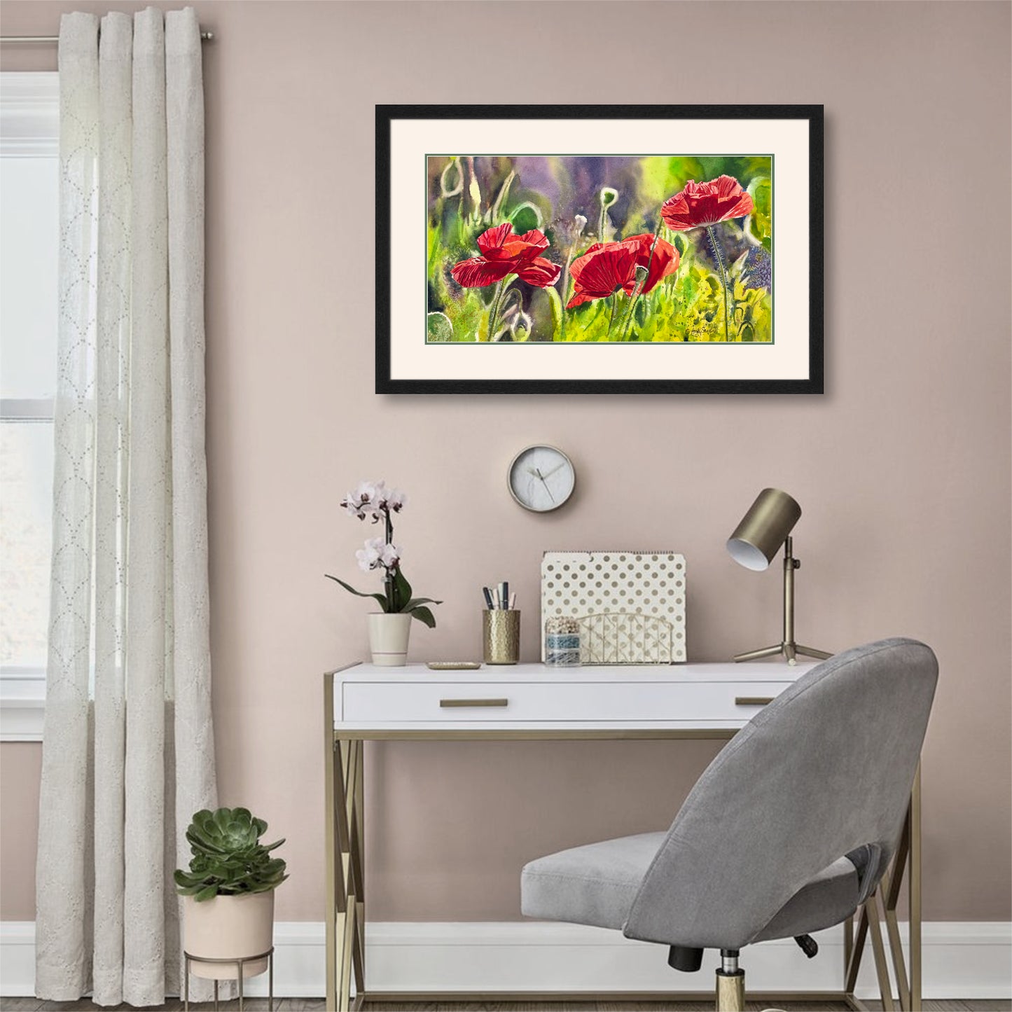 "Red Poppy Trio" - 16"x 27" an Original watercolor or Giclée signed print of red poppies glowing in the sun