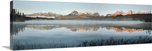 "Sawtooth Morning Mist" - Canvas or Paper Giclée art print from oil painting of Idaho's Sawtooth Mountains over Little Redfish lake.