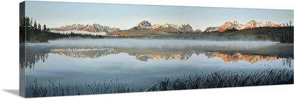"Sawtooth Morning Mist" - 54"x19" Canvas or Paper Giclée art print from oil painting of Idaho's Sawtooth Mountains over Little Redfish lake.