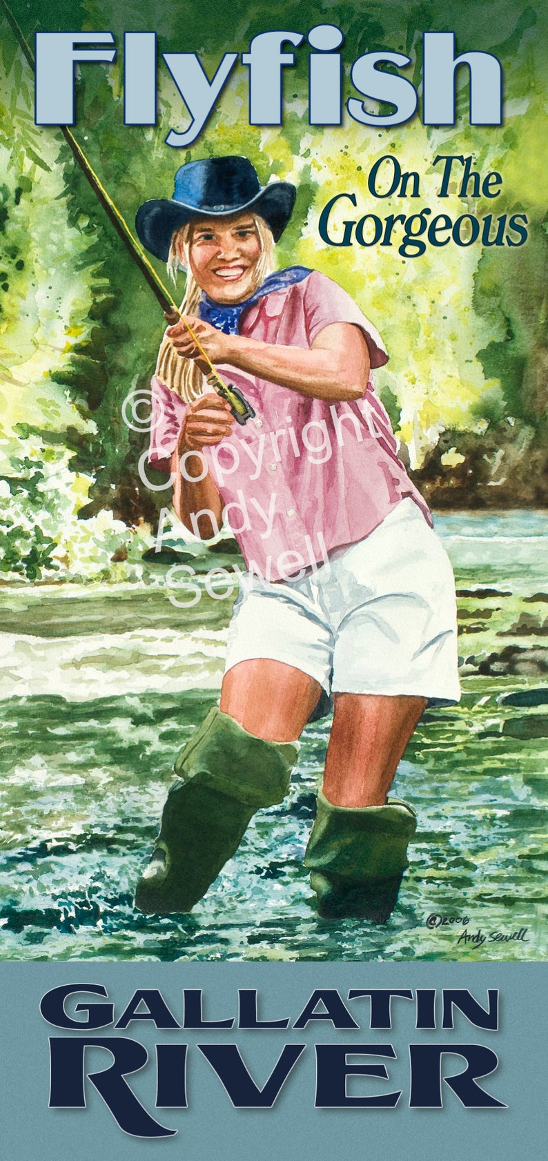 Vintage Look Fly Fishing Pin-Up Poster/Print "Fish The Gallatin" from Original watercolor