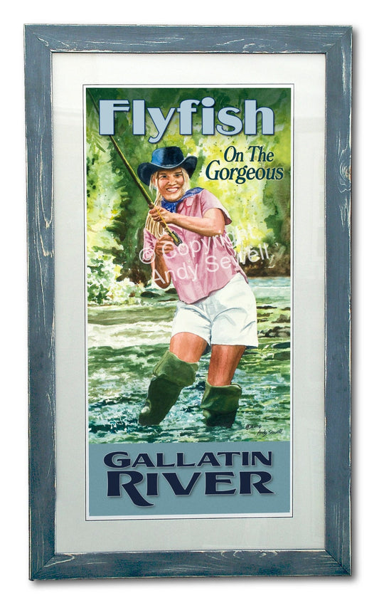 Vintage Look Fly Fishing Pin-Up Poster/Print "Fish The Gallatin" from Original watercolor