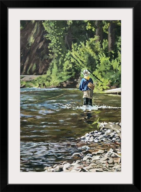"Wading and Waiting" - 22"x32" an Original Oil Painting or Open Edition Print of a Fly-fisherman on and Idaho River.