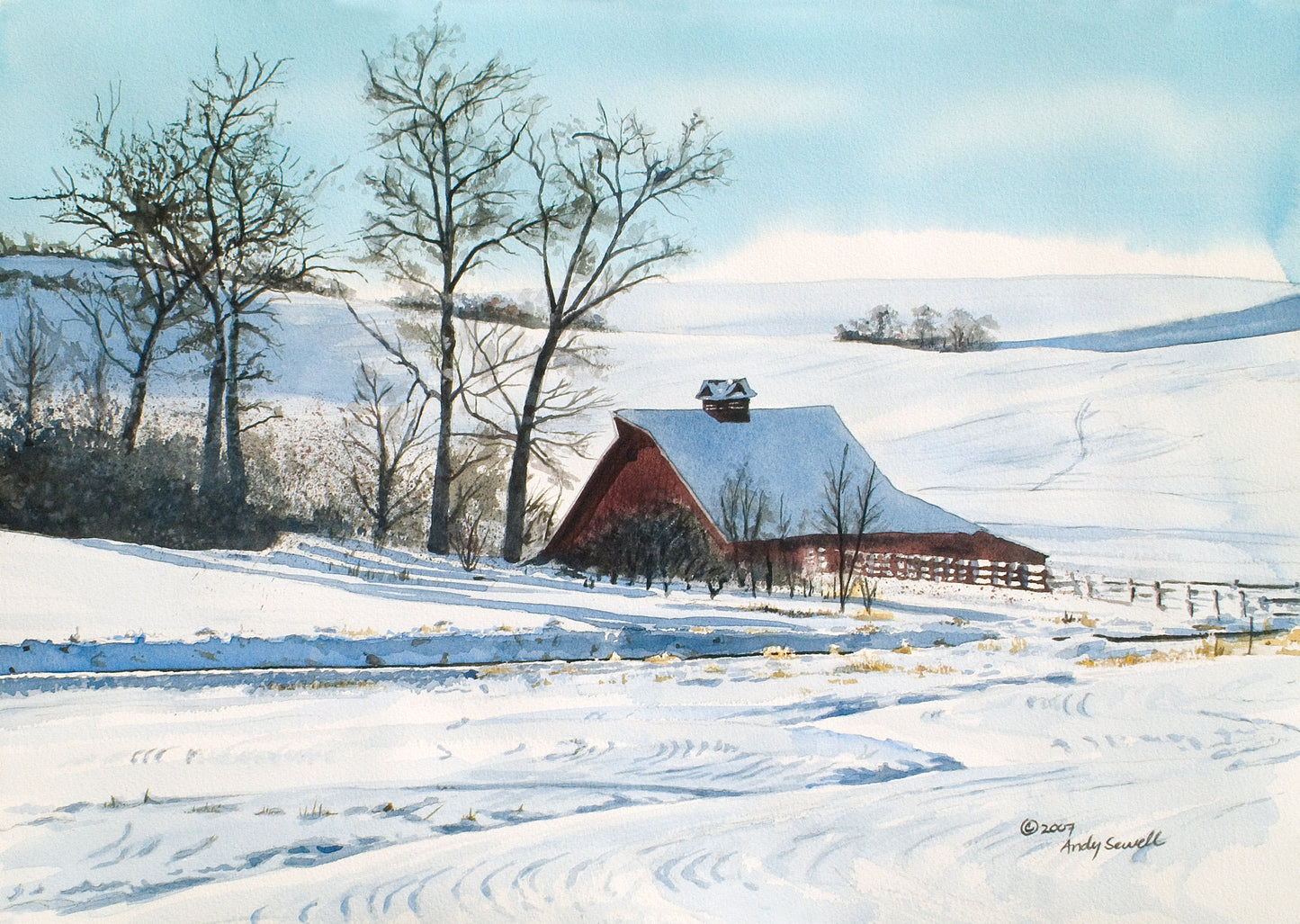 "Winter on the Farm" - a limited edition s/n giclee art print  from an original watercolor of a winter in the Palouse - by Andy Sewell