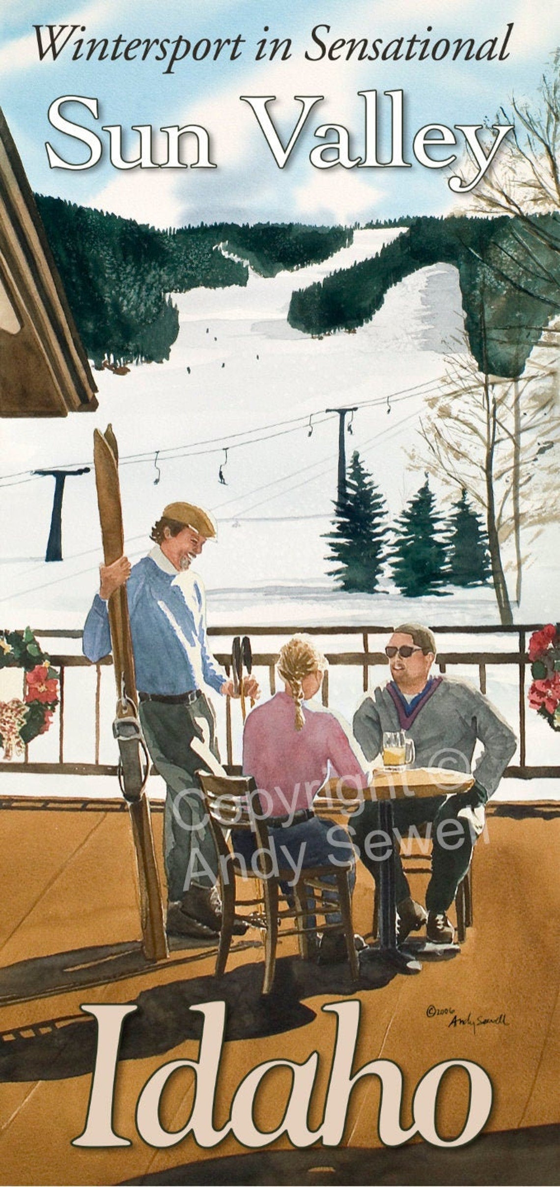 Vintage Look Ski Poster/Print "Wintersport Sun Valley" from Original watercolor